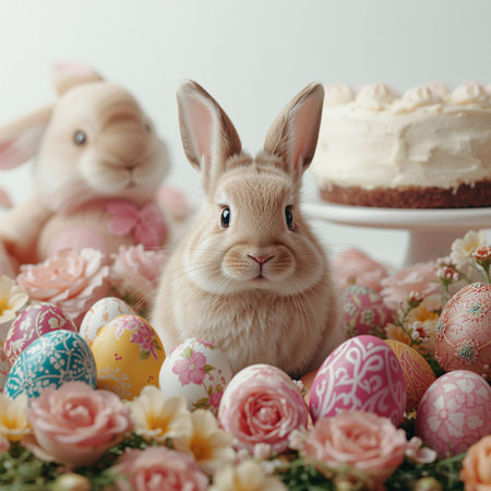A small bunny sits among vibrant Easter eggs and fresh flowers, creating a joyful scene. In the background, a sweet cake adds to the festive atmosphere of springtime fun.の素材