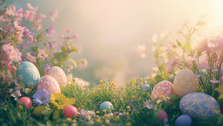 Brightly colored Easter eggs rest on soft grass surrounded by blooming flowers on a sunny day. The scene captures the joy and beauty of springtime celebrations.の素材