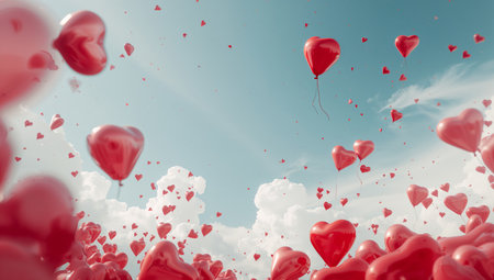 Heart-shaped red balloons rise gracefully into a blue sky, surrounded by fluffy white clouds. This cheerful scene evokes feelings of love and celebration during a sunny day.の素材
