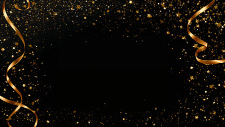 Gold confetti and sparkling ribbons fill the upper area against a black background, creating a festive atmosphere perfect for celebrations or special occasions.の素材