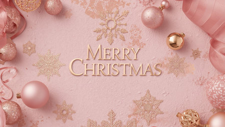 Beautiful holiday decor displays the words Merry Christmas surrounded by ornaments and a soft pink background, creating a warm atmosphere for the festive season.の素材