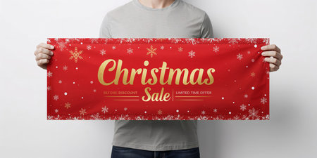 A person shows a vibrant red sign with gold text announcing a Christmas sale. Snowflakes decorate the background, highlighting the festive atmosphere during the holiday season.の素材