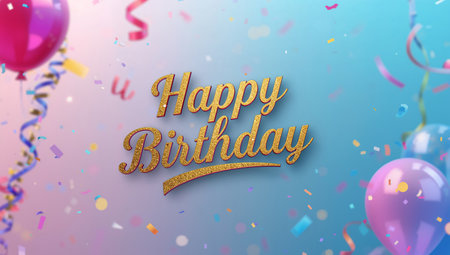 Bright and festive decorations featuring balloons, confetti, and golden lettering wishing happy birthday. This scene captures the joy and excitement of a birthday celebration.の素材