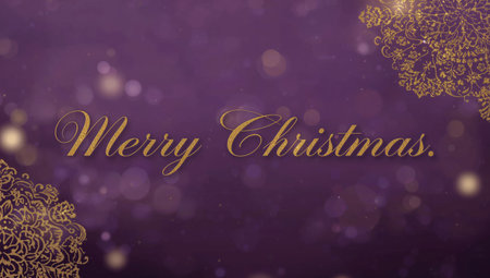A festive Merry Christmas message is displayed in elegant gold lettering against a rich purple background, surrounded by sparkling decorations. The scene evokes holiday joy and warmth.の素材