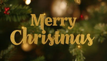Golden lettering spells out Merry Christmas, glaming against a decorated tree background filled with ornaments and lights, creating a joyful holiday atmosphere.の素材