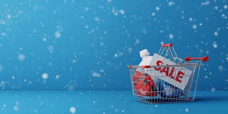 A shopping cart filled with products, including a milk bottle and festive decorations, is set against a blue background with falling snowflakes, evoking a seasonal vibe.の素材