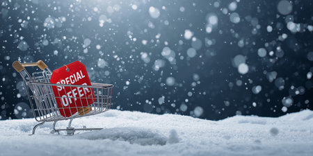 A shopping cart sits in the snow, displaying a bright red special offer sign, with snowflakes falling in the background, creating a wintery atmosphere.の素材