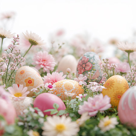 Decorated eggs in vibrant colors lie among delicate flowers during a spring celebration. The scene shows a festive atmosphere ideal for Easter gatherings.の素材