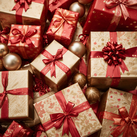 A collection of beautifully wrapped gifts in red and gold sits together, adorned with ribbons and surrounded by shiny ornaments, creating a warm holiday atmosphere.の素材
