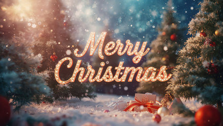 A winter forest shows evergreen trees and gift boxes. The scene features a cheerful Merry Christmas text among snowflakes and holiday decorations.の素材