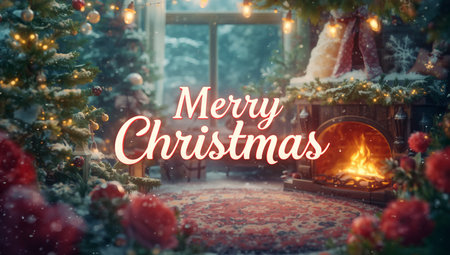 A cozy room shows a warm fireplace with inviting flames. Christmas trees are decorated with lights. A message saying Merry Christmas is placed prominently in the scene.の素材