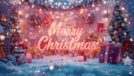 A bright holiday setting shows a snowy ground with gifts, a message written in lights, and festive decorations hanging. The atmosphere captures the spirit of giving and joy.の素材