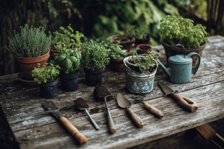 Potted herbs like rosemary and basil sit on a weathered wooden table. Gardening shears and small terracotta pots are also on the table. The scene takes place outdoors.の素材
