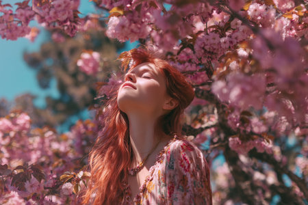 A young woman with red hair stands under a cherry blossom tree. Her eyes are closed, and she tilts her face toward the sunlight, seeming to enjoy the warm weather and beautiful flowers.の素材