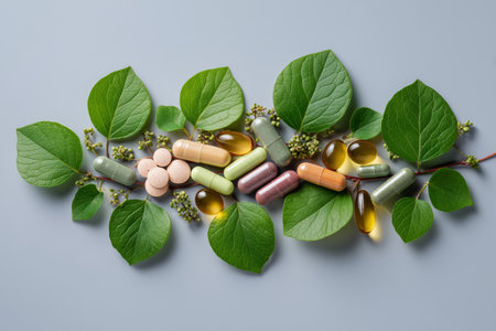Pills and softgels of different colors are arranged among green leaves. Capsules, tablets, and plants are together on the light gray background.の素材