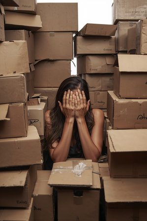 A woman sits with her hands over her face in a tight space filled with cardboard boxes. She appears distressed amid the chaos surrounding her at an unspecified time.の素材