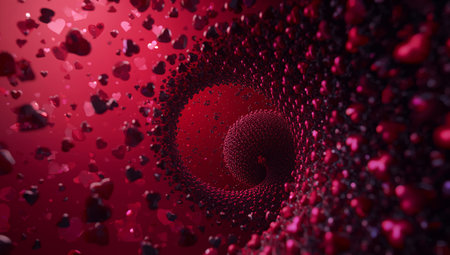 A spiral of colorful hearts spins in a 3D space. The scene shows various hearts moving and rotating, creating an energetic and inviting atmosphere.の素材