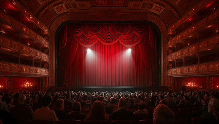 People fill the seats in a theater, waiting for the show to begin. Red curtains cover the stage while bright lights shine down, creating an atmosphere of anticipation and excitement.の素材