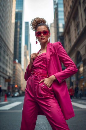 A person stands in a busy city street dressed in a bright pink outfit and sunglasses. Tall buildings surround them as cars pass by and people walk in the background.の素材