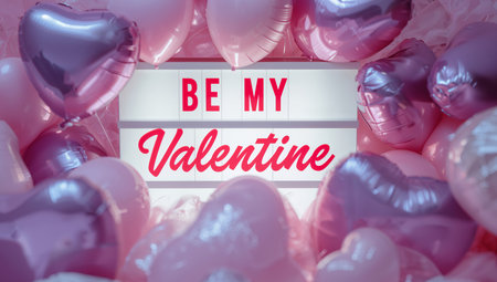 Balloons in various shapes fill the space around a illuminated sign that reads be my valentine, creating a festive look for a special occasion in February.の素材
