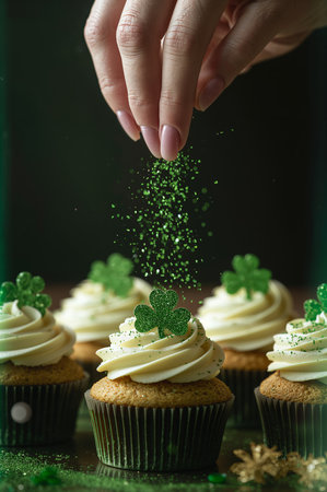 A hand sprinkles green decorations on cupcakes topped with white frosting. The scene shows several cupcakes arranged together. This activity occurs in a kitchen setting.の素材