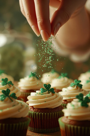 A hand sprinkles green sugar on top of cupcakes decorated with frosting and small clover shapes. The scene takes place during a festive event or celebration.の素材