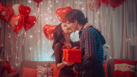 Two people stand close together, sharing a kiss. They are surrounded by heart-shaped balloons and festive lights. One person holds a gift box while smiling at the other.の素材