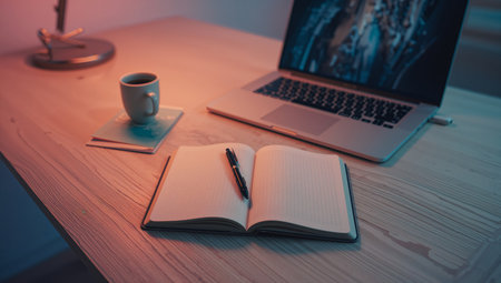 A work desk is set up with an open notebook, a pen resting on its pages, a coffee cup next to it and a laptop displaying a screen. The desk has soft lighting.の素材