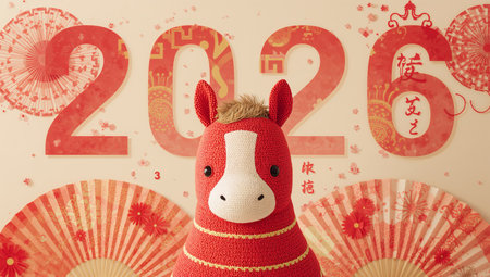 A red horse figure stands in front of large numbers showing 2026. Colorful decorations surround the figure, celebrating the Chinese New Year in a festive setting with fans.の素材