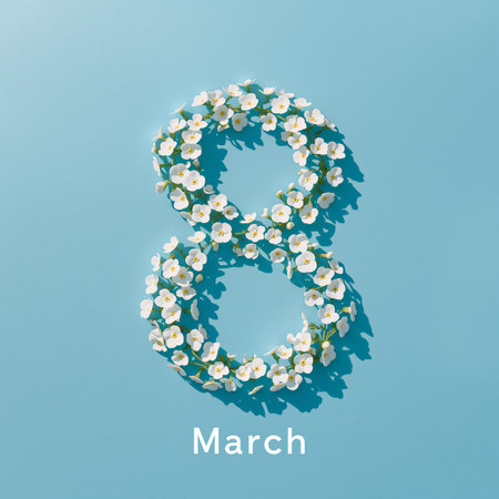 A floral arrangement forms the number eight and the word March on a blue background. This design highlights International Womens Day, celebrated on March 8.の素材