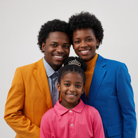 Three family members stand closely in a bright studio. Two adults wear suits in orange and blue, while a girl in a pink shirt smiles at the camera. They all look happy.の素材
