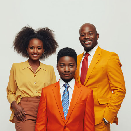A family stands together in a studio. They smile at the camera. The adults wear bright jackets. The child wears a green shirt. The background is plain and light.の素材