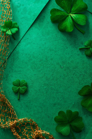 Clover leaves are placed on a green background with a piece of netting. This setup creates a simple decoration for spring or St. Patricks Day.の素材