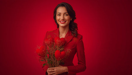 A woman stands in a studio holding a bouquet made of red hearts. She is smiling and wearing a red suit. The background is solid red, and the scene gives a festive feel.の素材