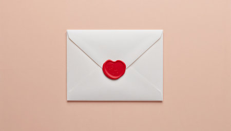 A white envelope sits on a light background. It features a red wax seal in the shape of a heart. This envelope looks ready to be mailed or opened.の素材