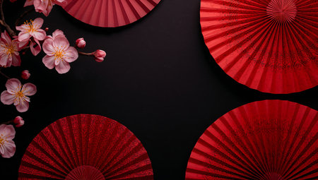 Two red fans rest beside pink cherry blossoms, creating a cultural scene. The dark background highlights the colors. The setting is suitable for a Japanese theme or celebration.の素材