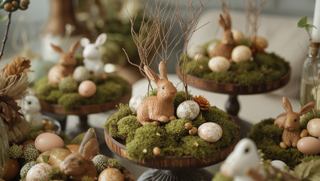 Colorful decorations feature bunnies and eggs placed on moss-covered bases. Flowers and greenery surround each display, creating a lively scene in a sunlit room.の素材