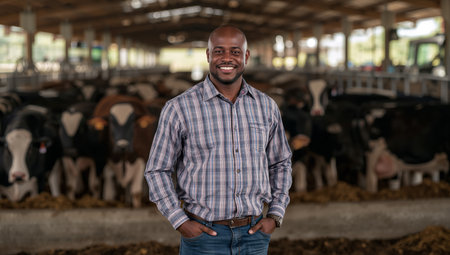 A man stands confidently in a dairy farm surrounded by cows. He wears a plaid shirt and jeans. It is afternoon and the barn is filled with livestock and equipment.の素材