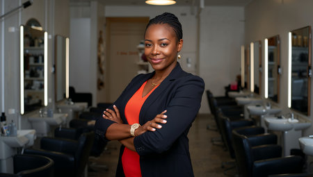 A woman is posing with her arms crossed in a beauty salon. The salon has several chairs and round lights hanging from the ceiling, creating a warm atmosphere.の素材