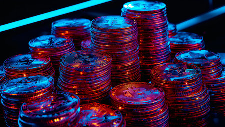 Several shiny coins are stacked on a bright surface. The glow from the blue lights creates a vibrant scene showing different types of cryptocurrencies in the dark.の素材