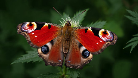 A butterfly with bright red wings and blue spots settles on a green leaf in a garden. The sun shines, highlighting the colors of the butterfly and the plants around it.の素材