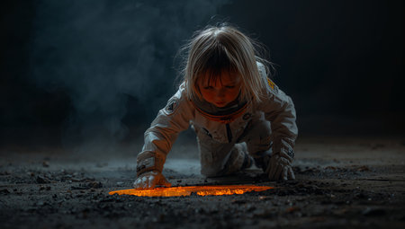 A child in an astronaut suit crawls on the ground, reaching out to touch a glowing surface. Dark surroundings create a mysterious atmosphere with some smoke.の素材