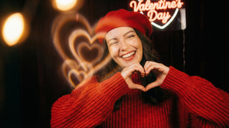 A woman stands smiling while forming a heart shape with her hands. Colorful lights and hearts surround her. The scene takes place at a festive event in an indoor setting.の素材