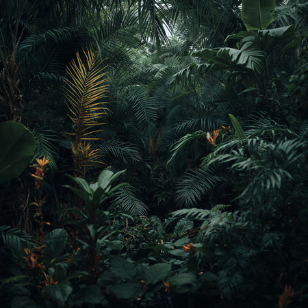 A variety of green leaves fills a dimly lit area. The scene captures many types of foliage overlapping and creating a rich texture without any flowers or other colors.の素材