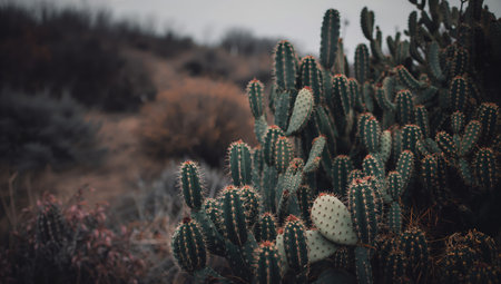 Cacti are growing in a dry landscape with a cloudy sky above. The plants are surrounded by dirt and shrubs, showing signs of the natural environment.の素材