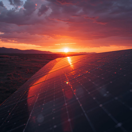 Sunset light shines on solar panels in an open field. The sky displays warm colors while the sun sets over distant mountains in the evening.の素材