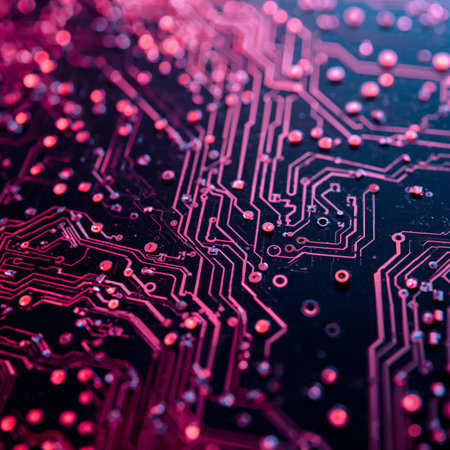 A close view shows a circuit board with pink and black lines and dots. The details include various connections and pathways. This shows the technology used in electronic devices.の素材