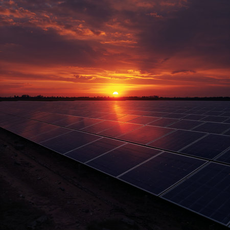 Sunset light shines on solar panels in an open field. The sky displays warm colors while the sun sets over distant mountains in the evening.の素材