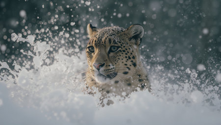 A snow leopard is lying in the snow, surrounded by a winter landscape. The animal has snow on its fur and looks alert, watching its surroundings in the mountains.の素材