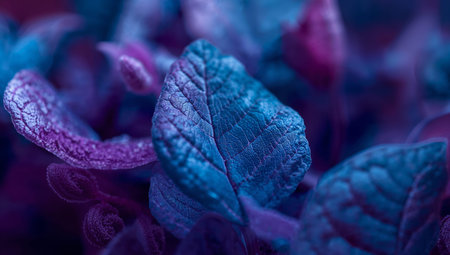 Close view of leaves showing shades of purple and blue. The leaves are wet from dew and reflect early morning light. The setting gives a vibrant look to the plants.の素材
